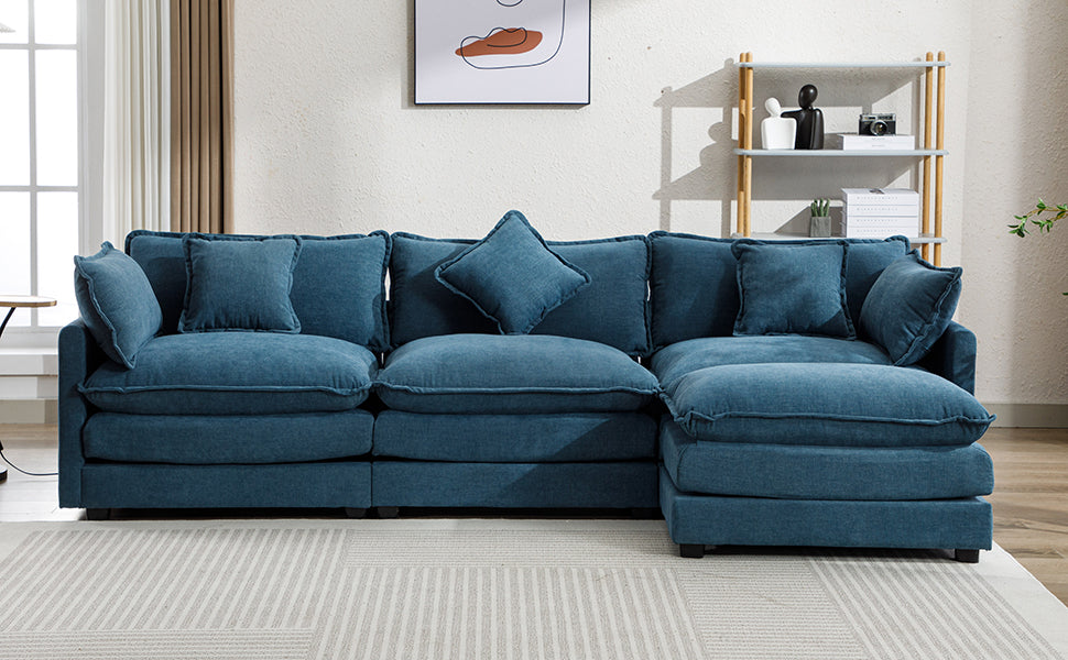 112.2" L-Shape Chenille Upholstered Sofa for Living Room Modern Luxury Sofa Couch with Ottoman, 5 Pillows, Blue