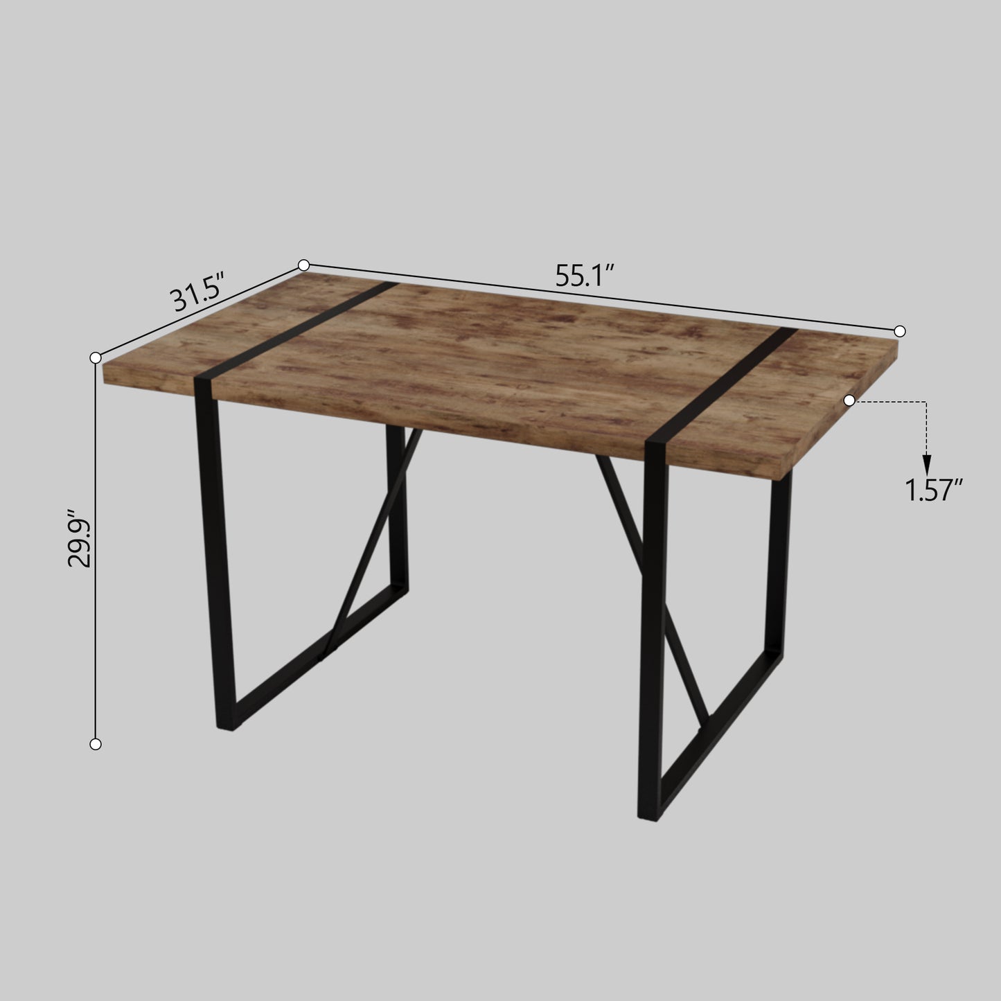 55 " dining table modern rural industrial rectangular MDF dark wood, 4-6 people, 1.5" thick engineering wood tabletop and black rectangular metal legs, used for home & kitchen