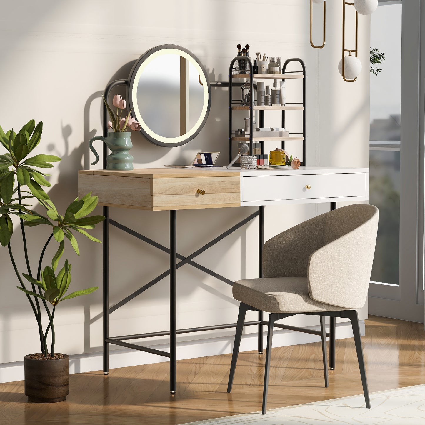 GO 40" Makeup Vanity Desk with 3-Mode Lighted Mirror & Wireless Charging Station , Vanity Table with Drawer & 3 Open Shelves for Ample Storage Space, Dressing Table for Bedroom, White