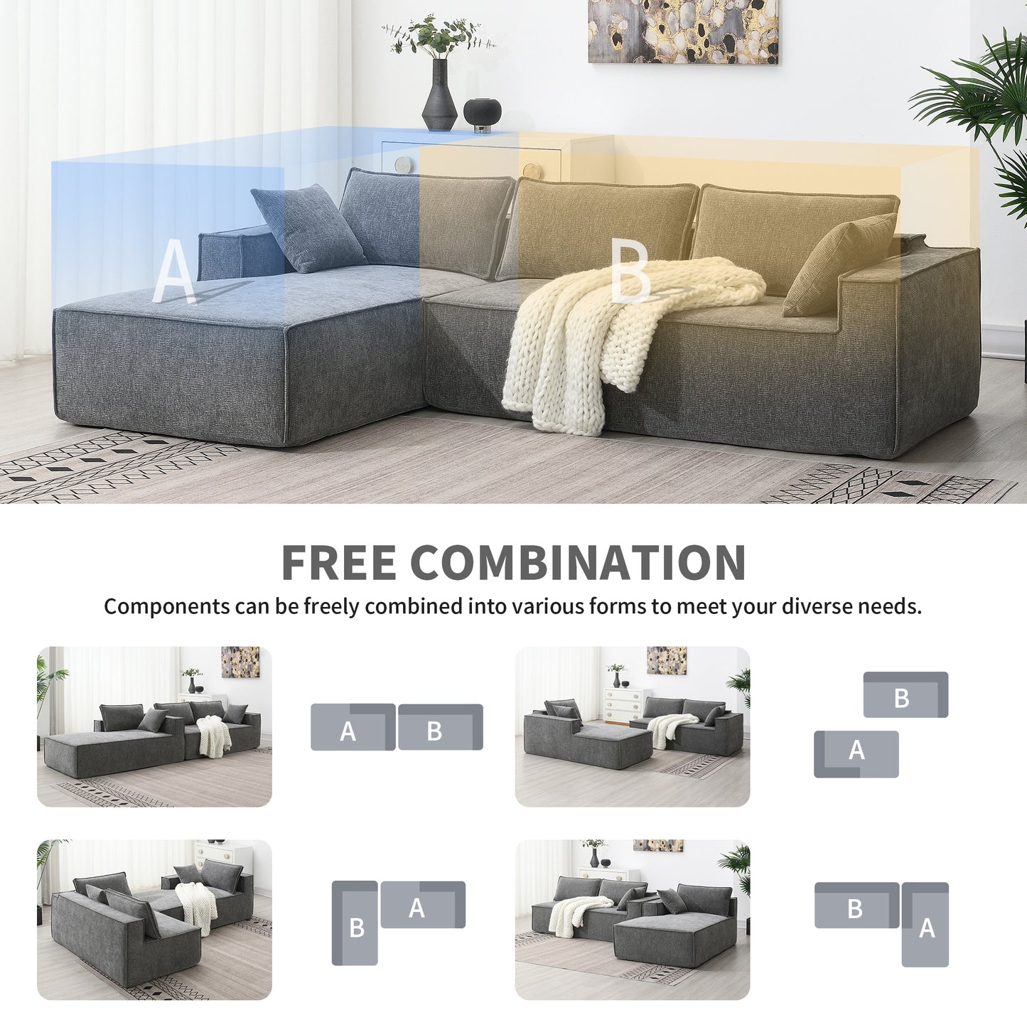 111.5*72" Minimalist Style Modular Sectional Sofa,Wrinkle-resistant Chenille Couch Set,L-Shaped Compressed Sofa for Living Room,2 PIC Free Combination,No Assembly Require,3 Colors