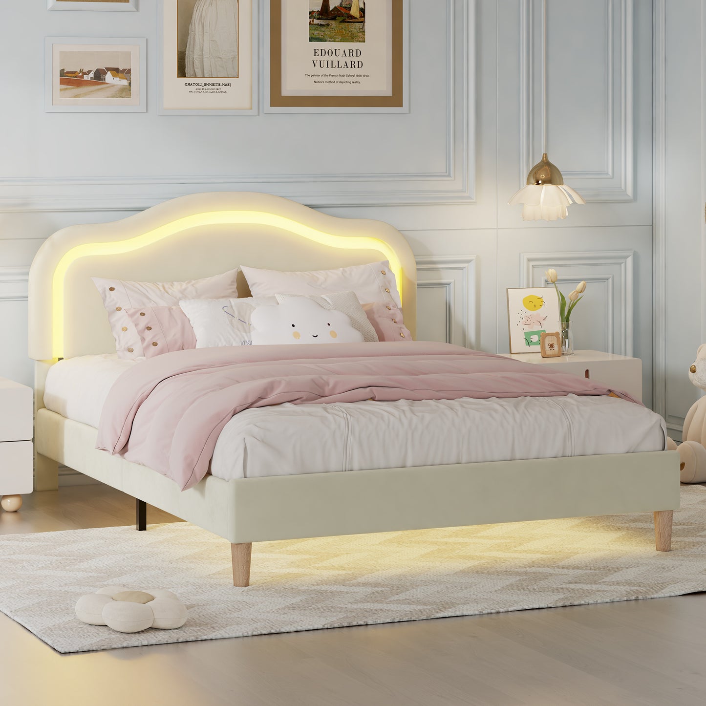 Queen Size Velvet Upholstered Smart LED Bed Frame with Adjustable Height Headboard,No Box Spring Needed,Easy Assembly,Beige