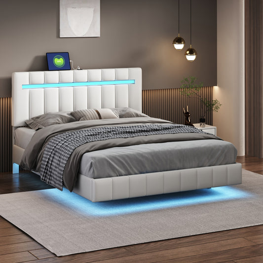 Queen Size Floating Bed Frame with LED Lights and USB Charging,Modern Upholstered Platform LED Bed Frame, White