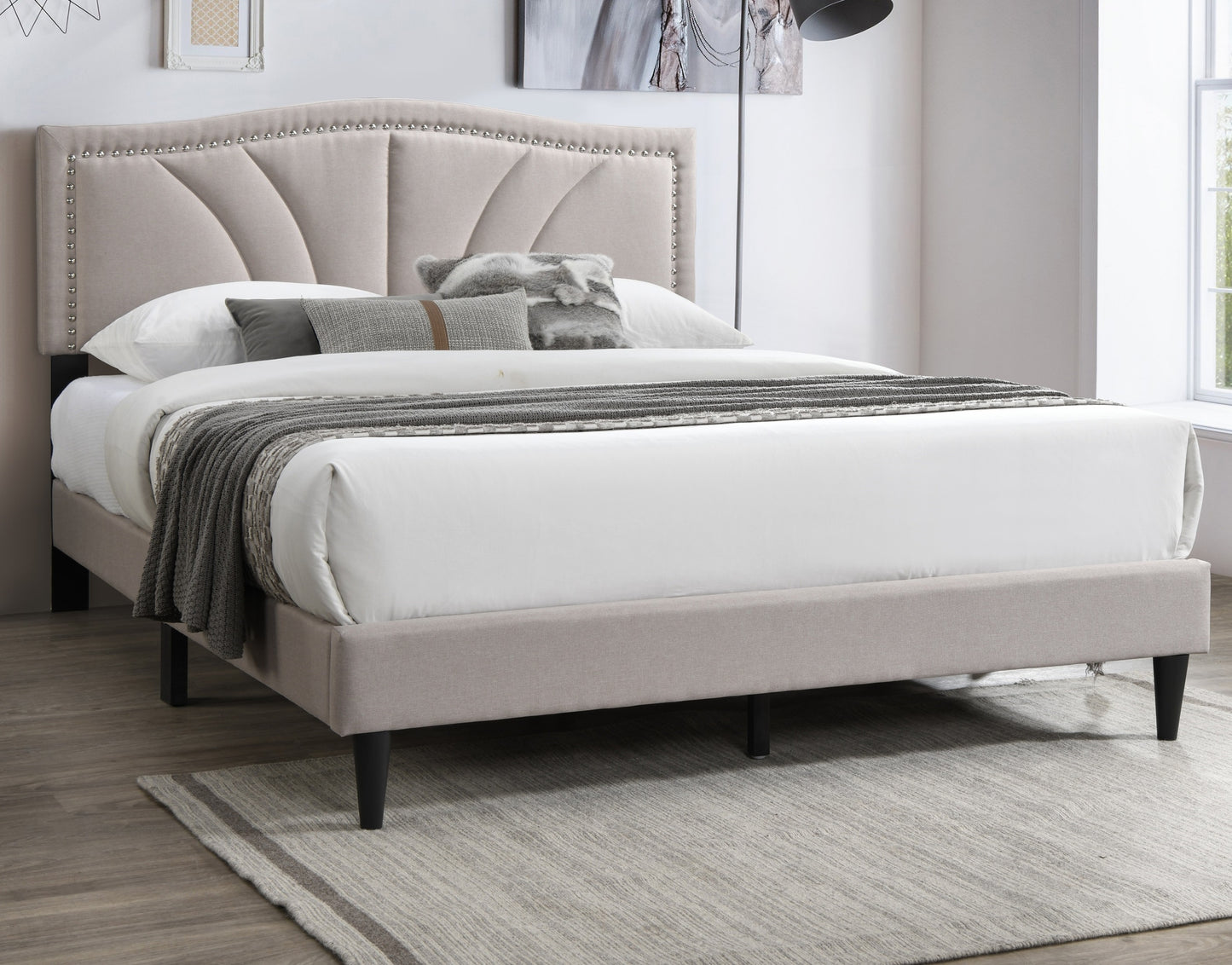 Modern Vintage 1pc Queen Size Bed Light Brown Burlap Fabric Nailhead Trim Accents Headboard Bedframe