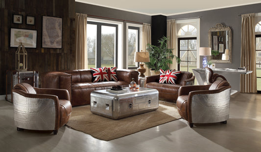 Brancaster Retro Brown Top Grain Leather & Aluminum 3 Pc Living Room Set