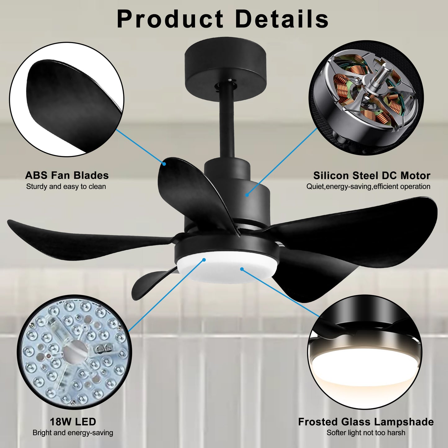 28' Ceiling Fans with Lights and Remote/APP Control, Low Profile Ceiling Fans with 5 Reversible Blades 3 Colors Dimmable 6 Speeds Ceiling Fan for Bedroom Kitchen