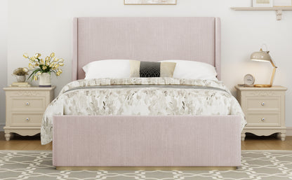 King Size Corduroy Upholstered Bed Frame with 130L Storage Ottoman, and Vertical Stripe Wingback Headboard and High Footboard, Pink