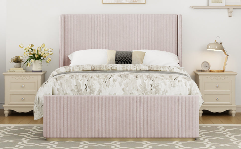 Queen Size Corduroy Upholstered Bed Frame with 130L Storage Ottoman, and Vertical Stripe Wingback Headboard and High Footboard, Pink