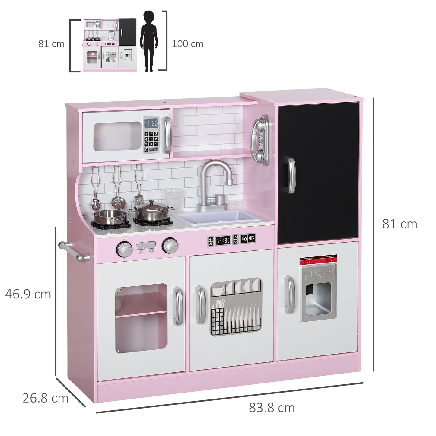 Qaba Play Kitchen, Kids Kitchen Playset Pretend Play Toy Kitchen with Play Phone, Chalkboard, Towel Rack, Ice Maker, 5 Accessories, Storage Space, Microwave & Sink, Gift for 3-8 Years, Pink