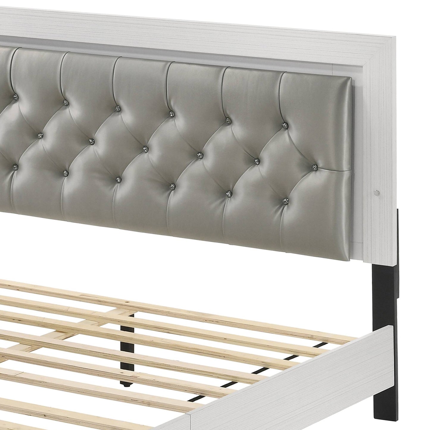 Grey and White Queen Bed with LED Light Padded Headboard