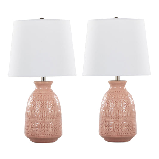 Claudia 20" Contemporary Ceramic Accent Lamp in Rose Tan Ceramic, Polished Nickel Accents and White Linen Shade from Grandview Gallery by LumiSource - Set of 2