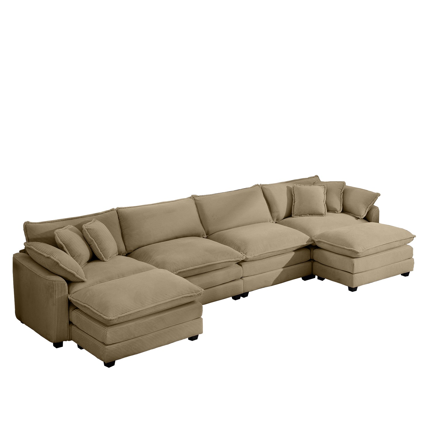 Modern Corduroy Upholstered 4 Seater Sofa with 3 Footstools, Tan, Easy Assembly