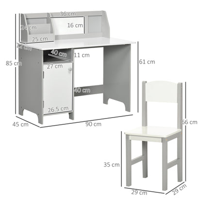 Qaba Toddler Desk and Chair Set, Kids Writing Desk Study Table for Children with Whiteboard, Storage Cabinet, Child Furniture, Art Gifts for Kids, Gray