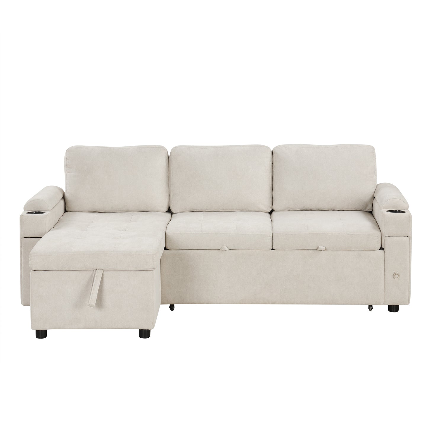 Convertible L-shaped Beige Sofa Couch with Storage, Cup Holders, USB Ports, Chenille Fabric