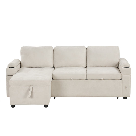Convertible L-shaped Beige Sofa Couch with Storage, Cup Holders, USB Ports, Chenille Fabric