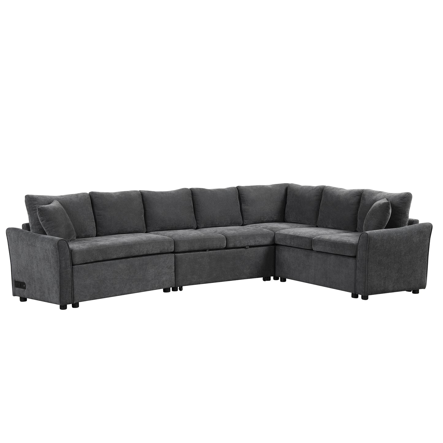 124.8"L-shaped Sofa Convertible Sofa Bed Pull Out Sofa Sleeper with Two Back Pillows, Two USB Ports and Two Power Sockets for Living Room, Gray (Old SKU:SG000890AAE)