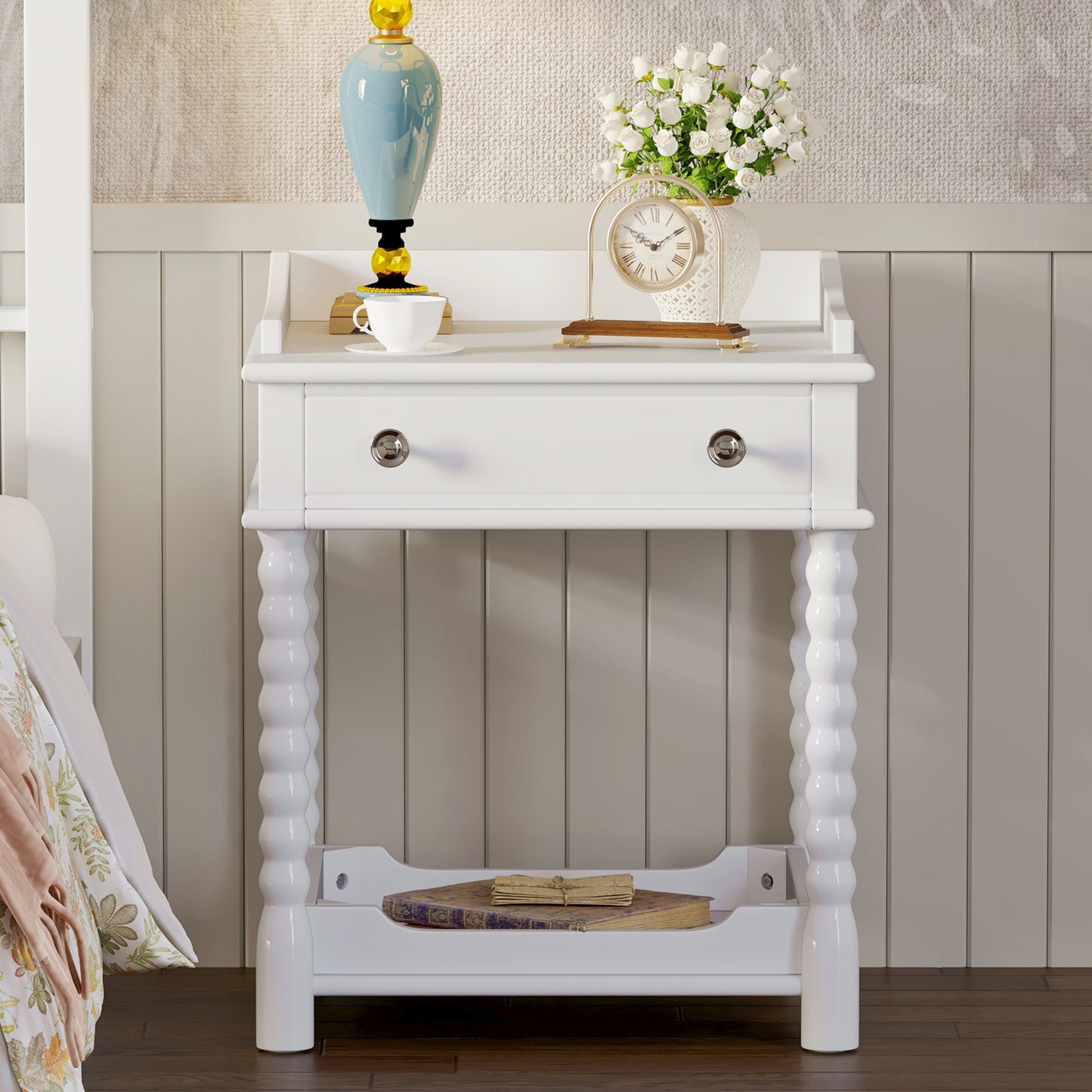 Retro Style Nightstand with Drawer and Open Shelf for Bedroom, Bedside Table with Turned Legs and Metal Handle,White