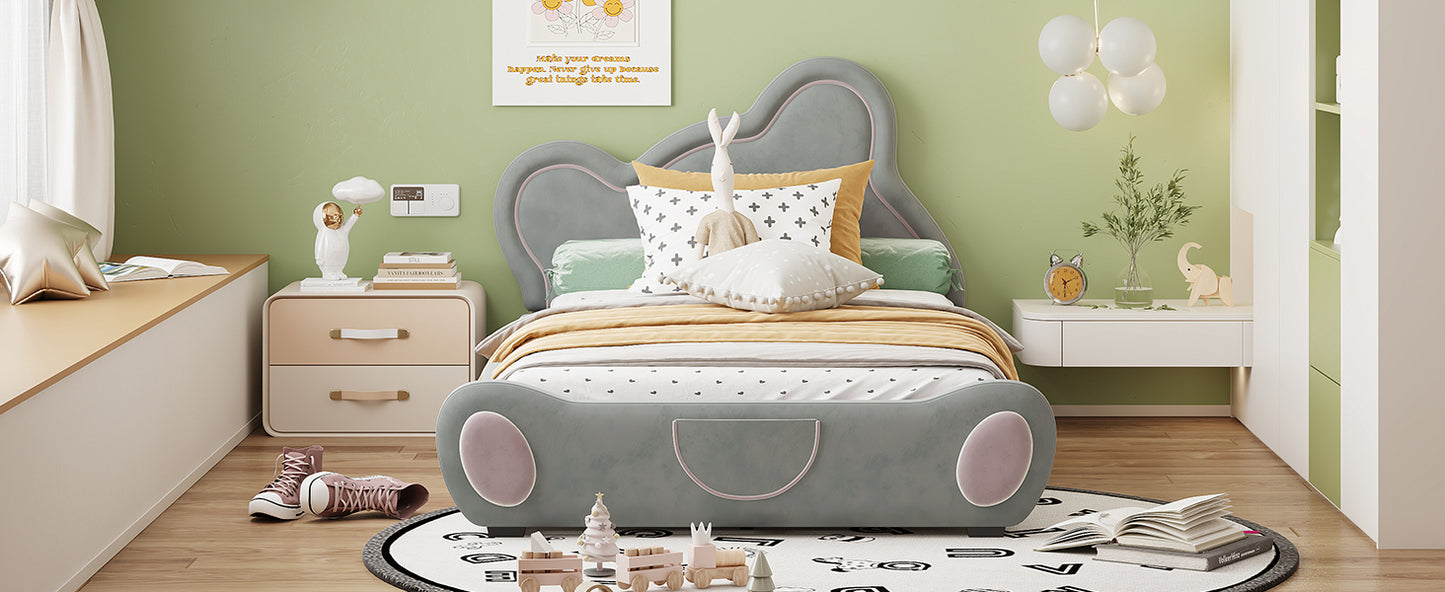 Twin Size Velvet Platform Bed with Bear-Shaped Headboard, with Bed-End Storage Pocket, Gray