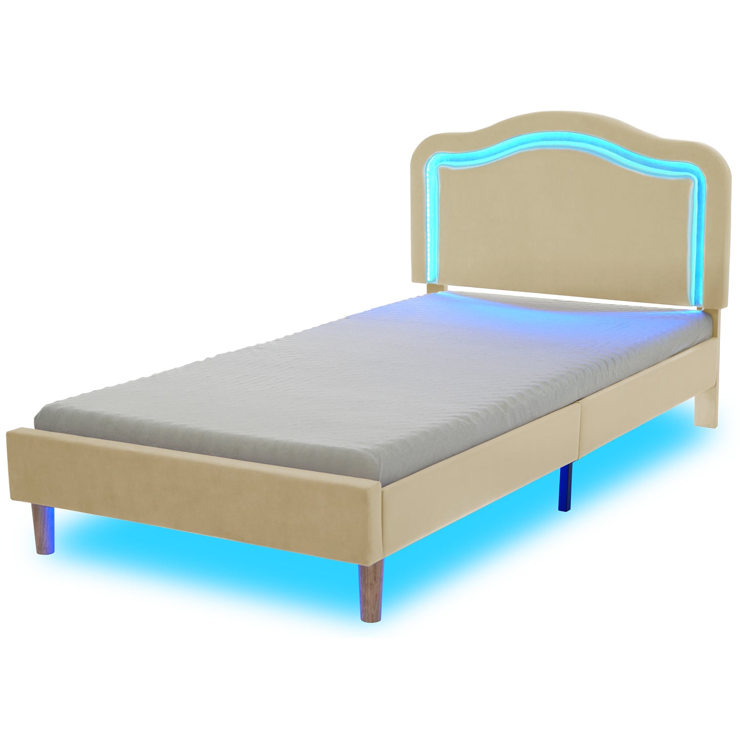 Twin Size Velvet Upholstered Smart LED Bed Frame with Adjustable Height Headboard,No Box Spring Needed,Easy Assembly,Beige