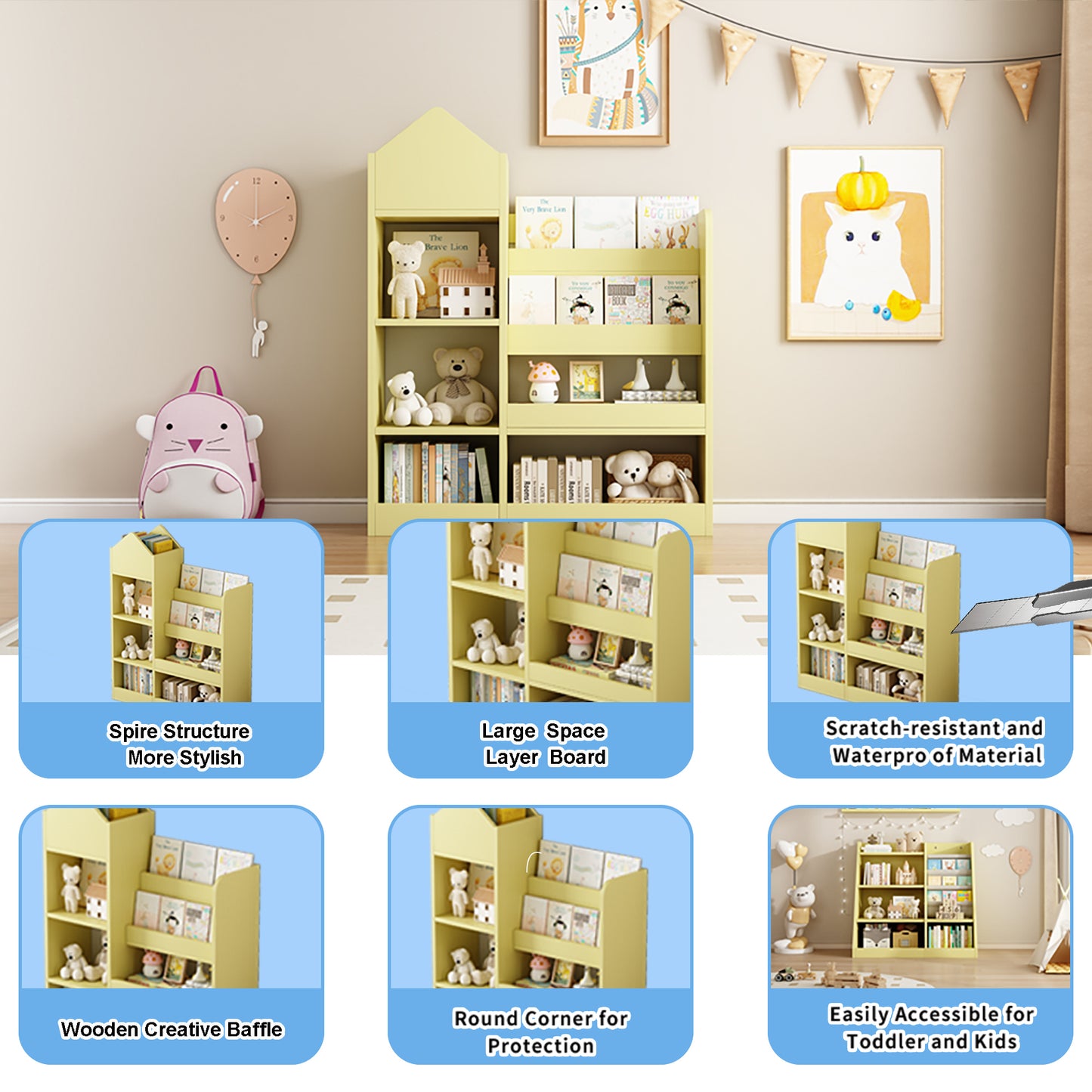 Yellow Kids Wooden Bookshelf Toy Storage Organizer with Bookcase, Kid's Bin Storage Unit with 6 Compartments 2 Baskets Bins Toys Box Organizer, Children Multi Shelf Cubby for Books, Toys Shelf