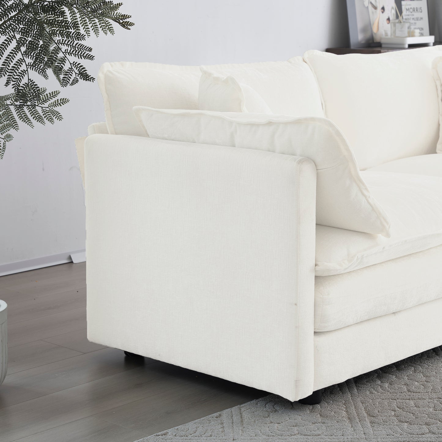 Comfy Deep Chair Upholstered Reading Armchair Living Room Chair White Chenille Fabric , 1 Toss Pillow