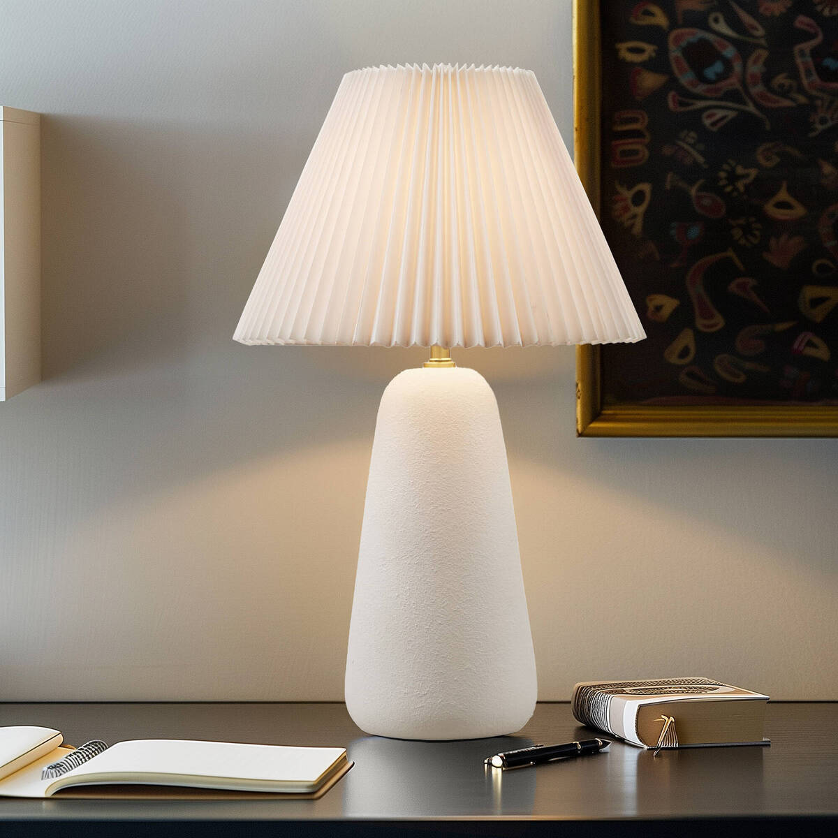 Textured Ceramic Table Lamp with Fluted Fabric Shade