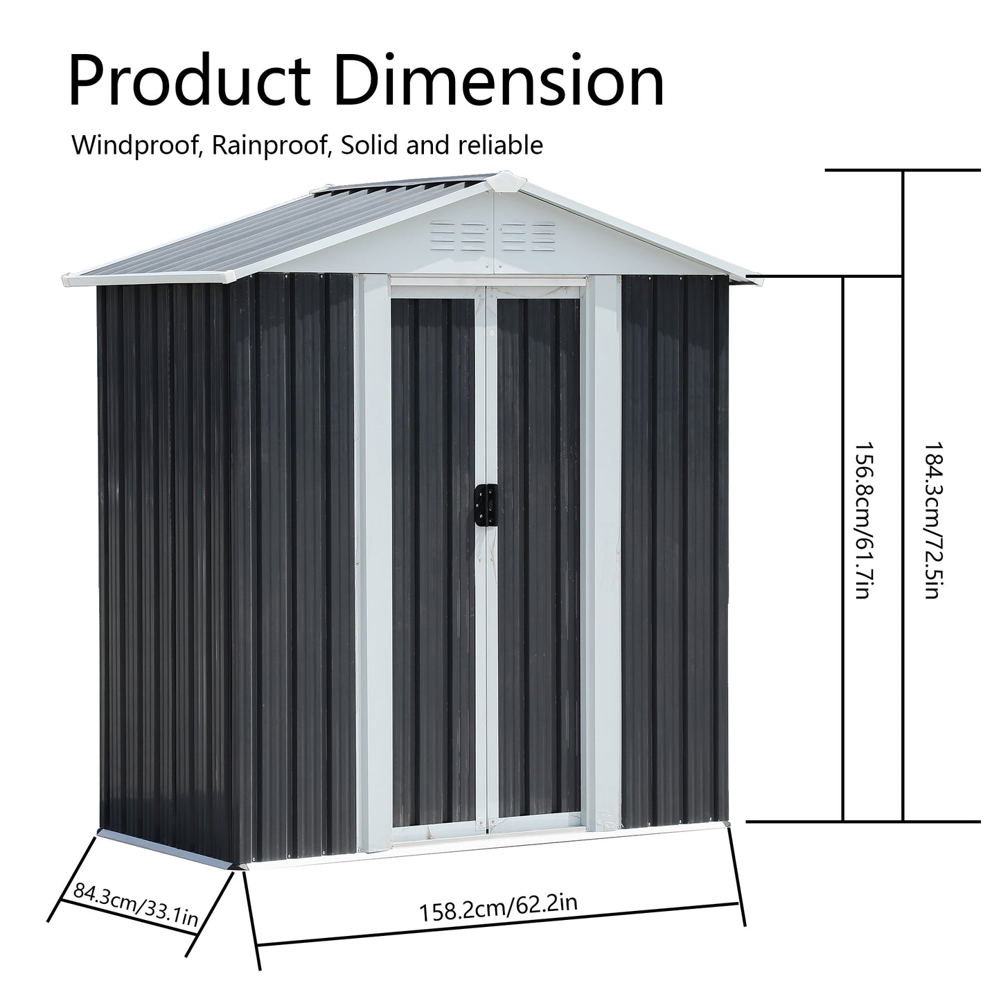 Outdoor Waterproof Garden Tool Storage Sheds 5FTx3FT Apex Roof Grey With Aluminum alloy frame And Sliding doors