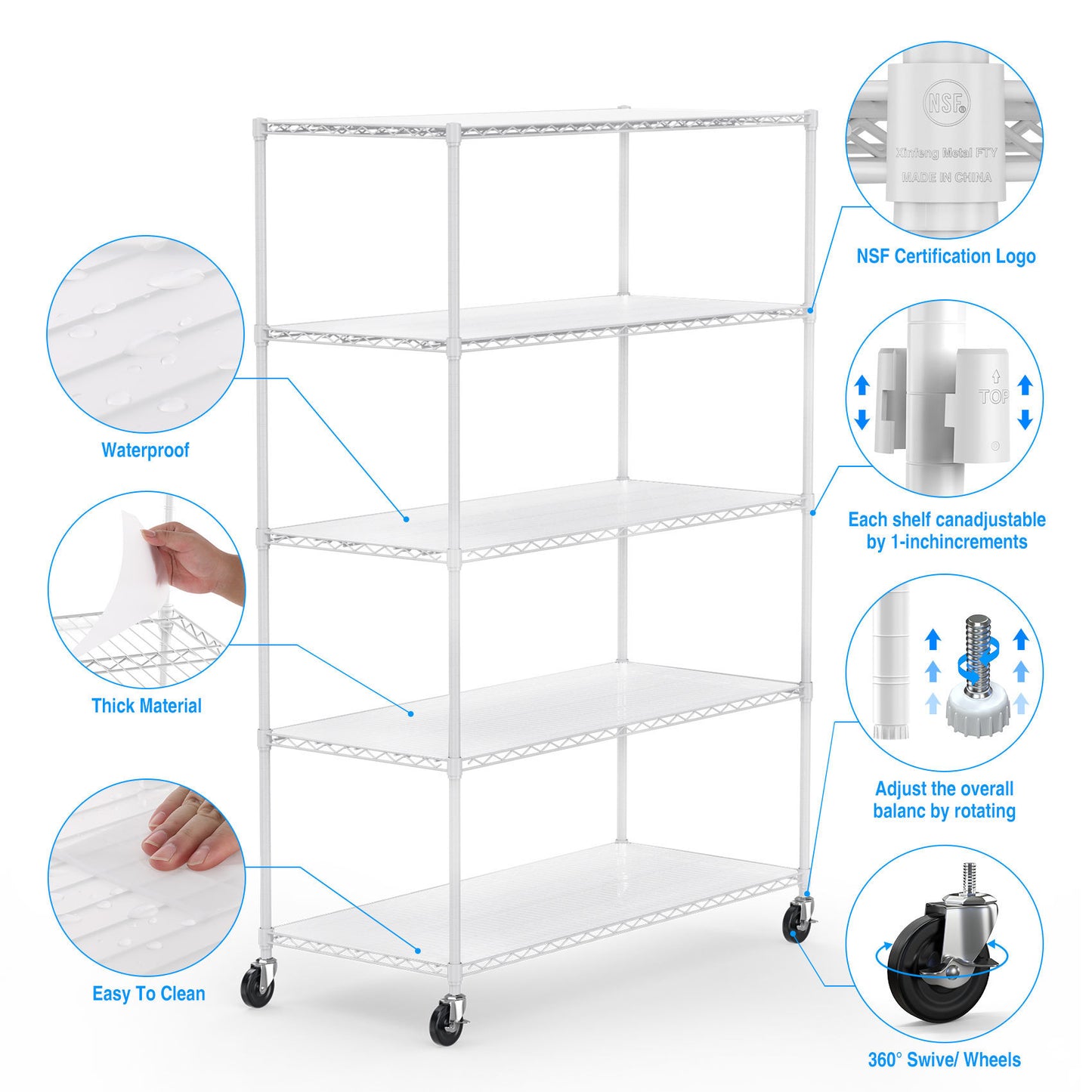 5 Tier 6000lbs Heavy Duty Adjustable Storage Rack Metal Shelf Wire Shelving Unit with Wheels & Shelf Liners - 82" H x 48" L x 24" D - White