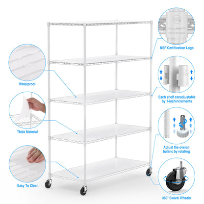 5 Tier 6000lbs Heavy Duty Adjustable Storage Rack Metal Shelf Wire Shelving Unit with Wheels & Shelf Liners - 82" H x 48" L x 24" D - White