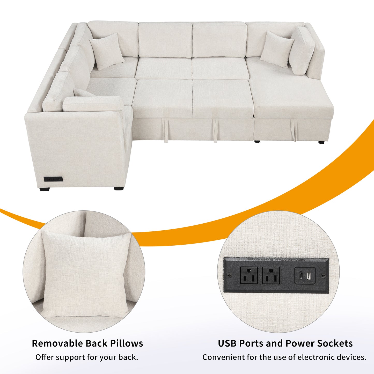 108.6" U-shaped Sectional Sofa Pull out Sofa Bed with Two USB Ports, Two Power Sockets, Three Back Pillows and a Storage Chaise for Living Room, Beige