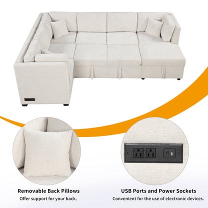 108.6" U-shaped Sectional Sofa Pull out Sofa Bed with Two USB Ports, Two Power Sockets, Three Back Pillows and a Storage Chaise for Living Room, Beige