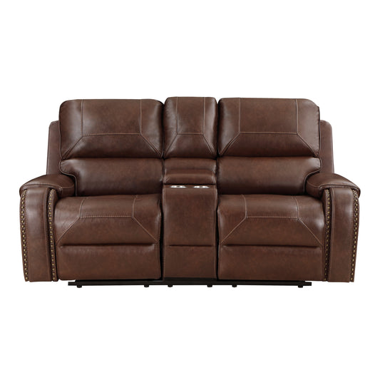 Double Glider Reclining Brown Love Seat with Center Console, Receptacles and USB Ports, Breathable Faux Leather Upholstered Traditional Nailhead Trim 1pc Modern Living Room Furniture