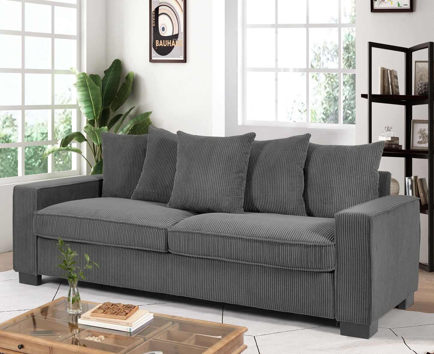 Luxe Corduroy Sofa with 5 Matching Toss Pillows, Sleek Design, Spacious and Comfortable 3 Seater Couch for Modern Living Room, Large, Grey