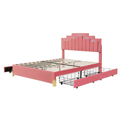 Queen Size Upholstered Platform Bed with LED Lights and 4 Drawers, Stylish Irregular Metal Bed Legs Design, Pink