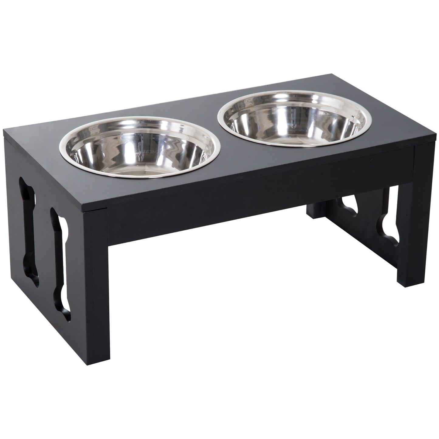 PawHut 23" Modern Decorative Dog Bone Wooden Heavy Duty Pet Food Bowl Elevated Feeding Station - Black