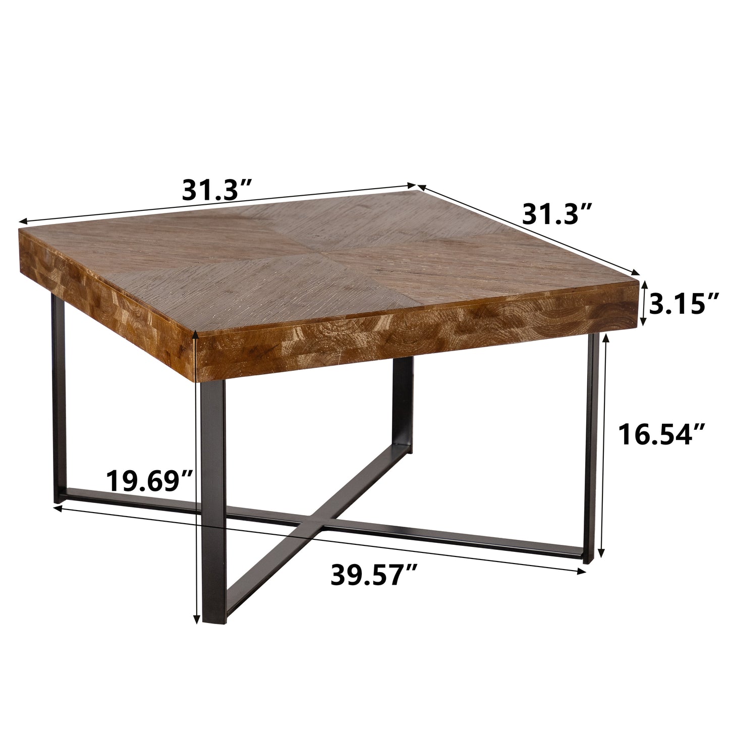 31.3"Modern Retro Splicing Square Coffee Table , Fir Wood Table Top with Cross Legs Metal Base (Set of 2 pcs )