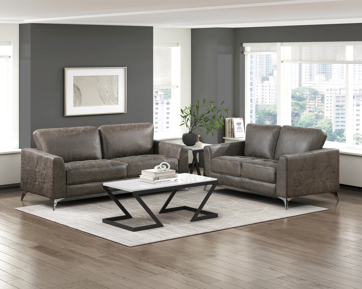 Elegant Modern Style 2pc Sofa Set Brownish Gray Polished Microfiber Upholstery Sofa Loveseat Set Solid Wood Living Room Furniture Silver Finish Metal Legs