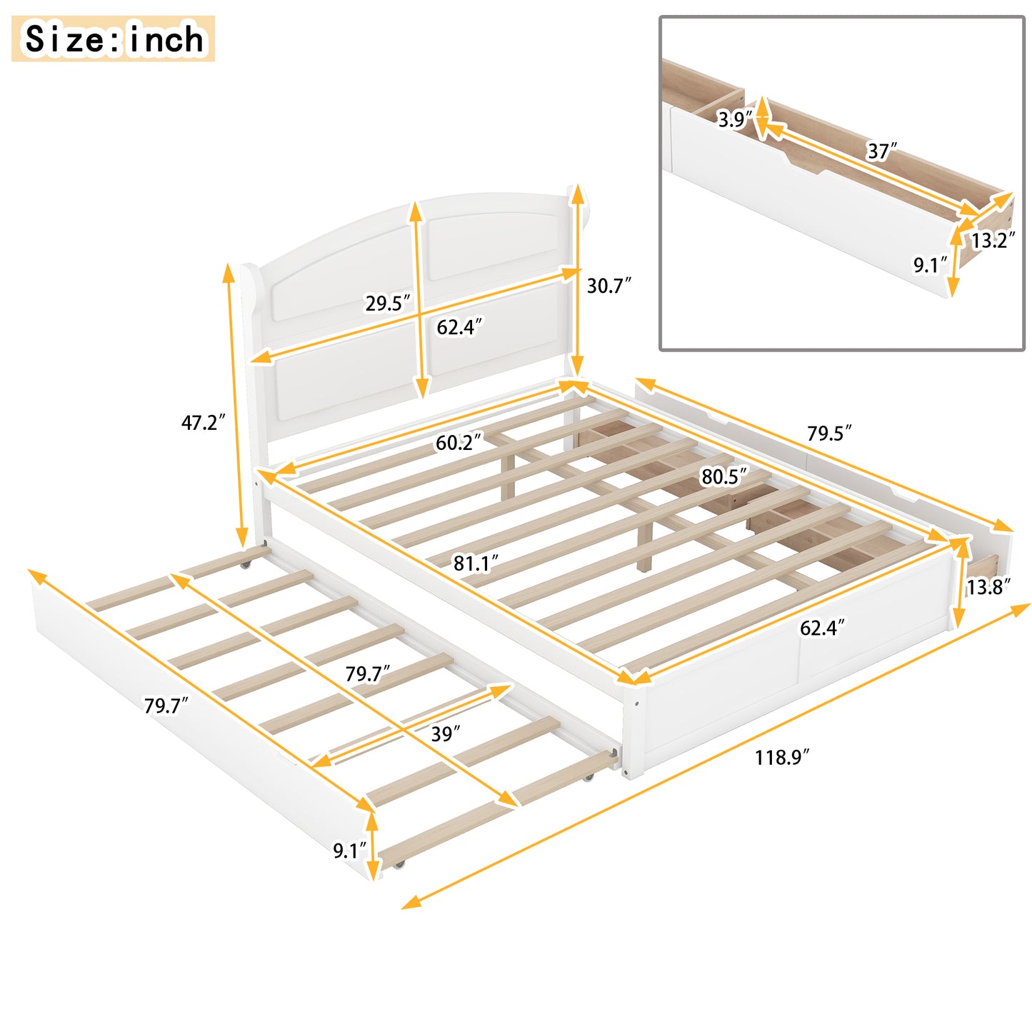 Wood Queen Size Platform Bed with Twin Size Trundle and 2 Drawers, White