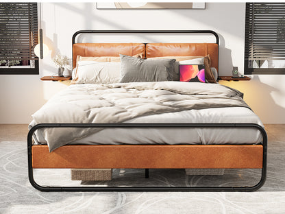 King Size Metal Bed Frame with Upholstered Headboard,  with wireless charging and USB A & USB C, Touch LED light,Oval-Shaped Platform Bed with Under-Bed Storage, No Box Spring Needed, Vintage Brown