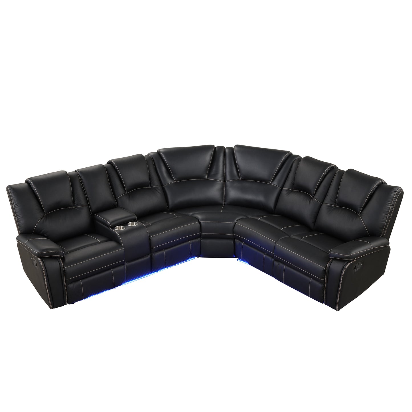 Modern Faux Leather Manual Reclining with Center Console with LED Light Strip,Living Room Furniture Set,PU Symmetrical Couch with 2 Cup Holders and Storage for Living room,Black