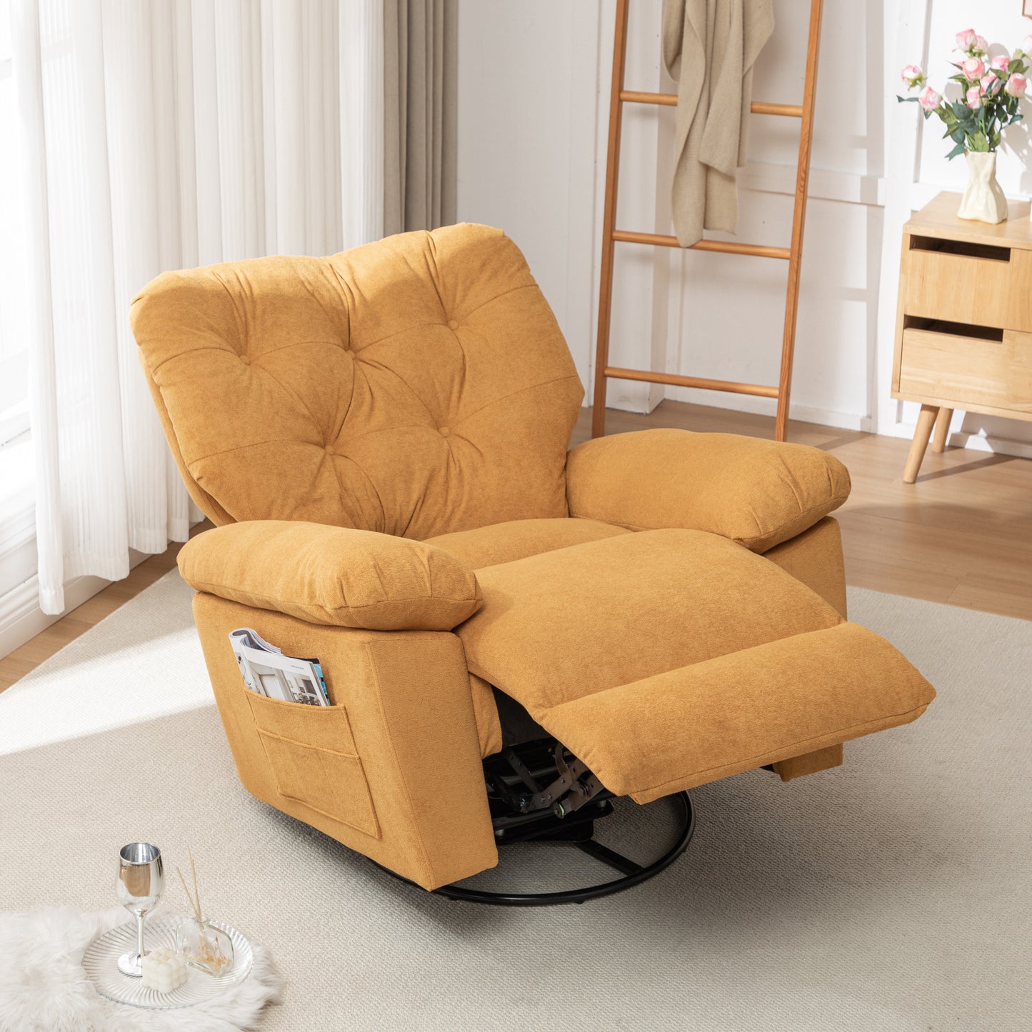 Yellow Relaxing Recliner Chair,Soft Artificial Fleece, Overstuffed, Swivel, Glider, Side Pocket