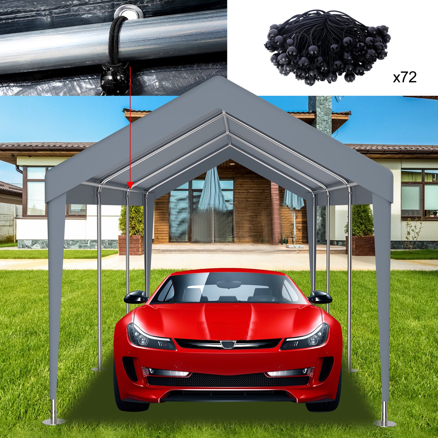 10x20ft Carport Replacement Canopy Cover, Waterproof & UV Protected Tarp with 72 Elastic Buckles Suit for Garage Shelter, Frame is Not Included,grey