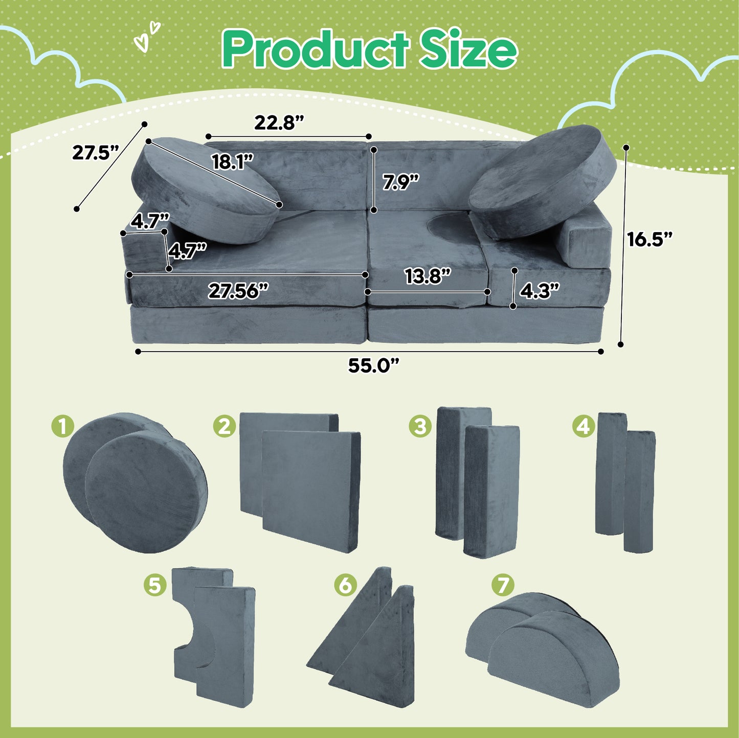 14pcs Kids Sofa Modular Play Couch,Child Sectional Sofa to Boost Creativity,Boys and Girls DIY Creativing Playroom Couch Furniture for Toddlers Conertible Foam and Floor Cushion,Gray