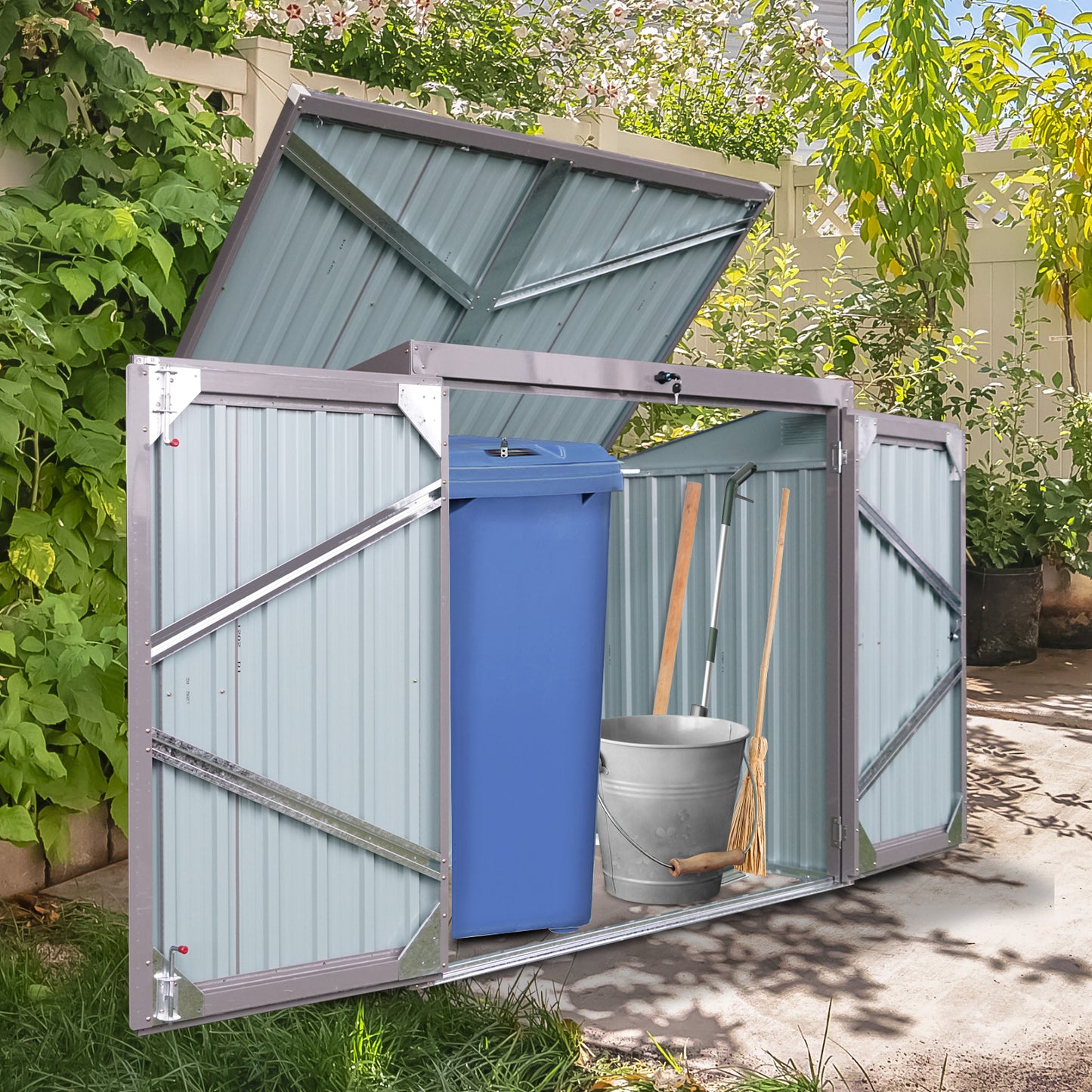 Garbage Bin Shed Stores 2 Trash Cans Metal Outdoor Bin Shed for Garbage Storage,Stainless Galvanized Steel, Bin Shed for Garden Yard Lawn Gray