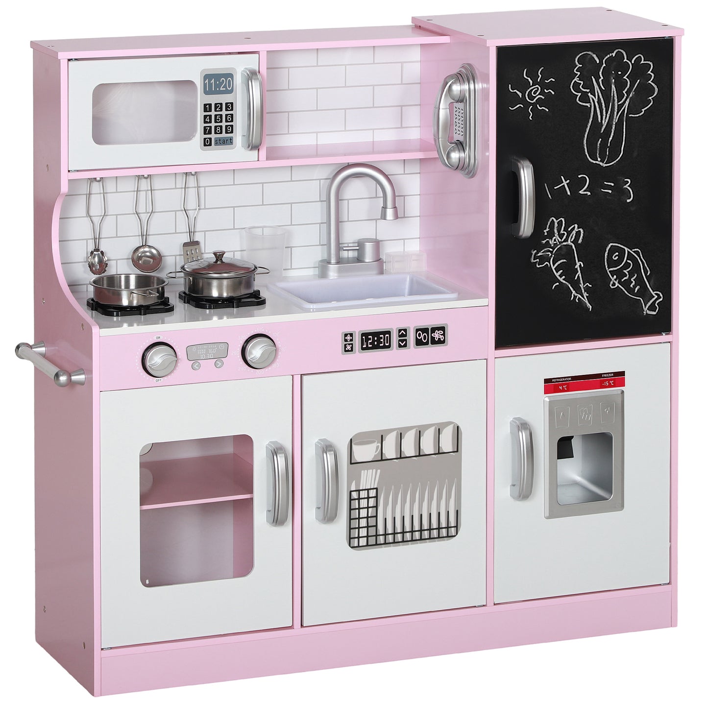 Qaba Play Kitchen, Kids Kitchen Playset Pretend Play Toy Kitchen with Play Phone, Chalkboard, Towel Rack, Ice Maker, 5 Accessories, Storage Space, Microwave & Sink, Gift for 3-8 Years, Pink