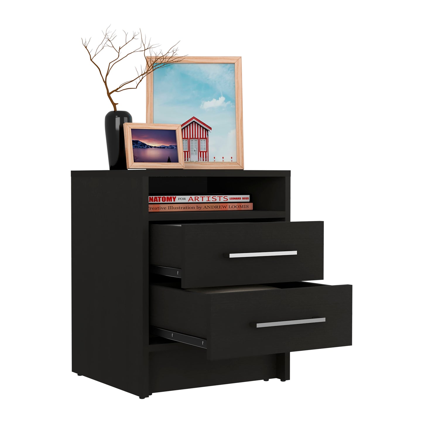 Greter 24"  Two-Drawer Night Stand  With open shelf Black