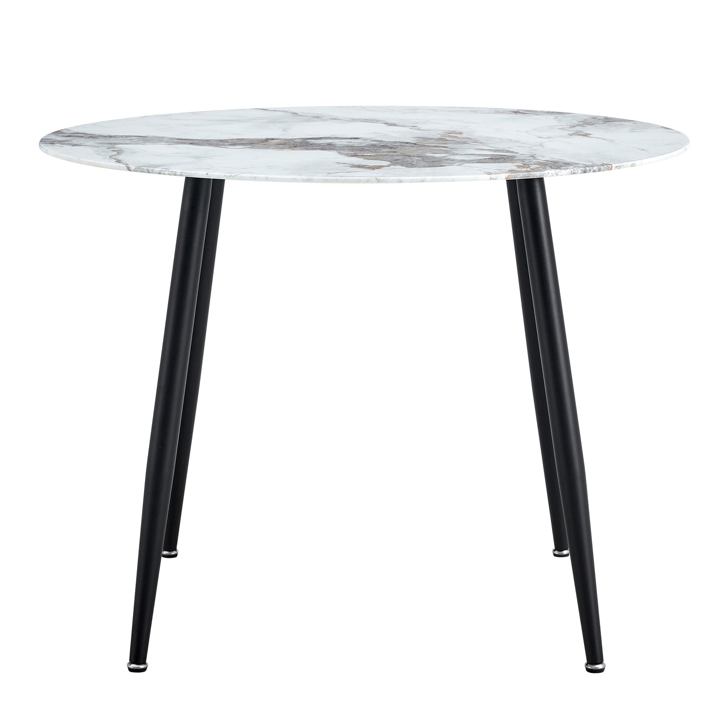 A modern minimalist circular dining table with a diameter of 40 inches, a 0.3 inch thick imitation marble pattern tabletop and black metal legs  40 '* 40' * 30 'DT-1164