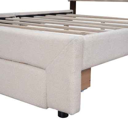 Teddy Fleece Queen Size Upholstered Platform Bed with Drawer, Beige