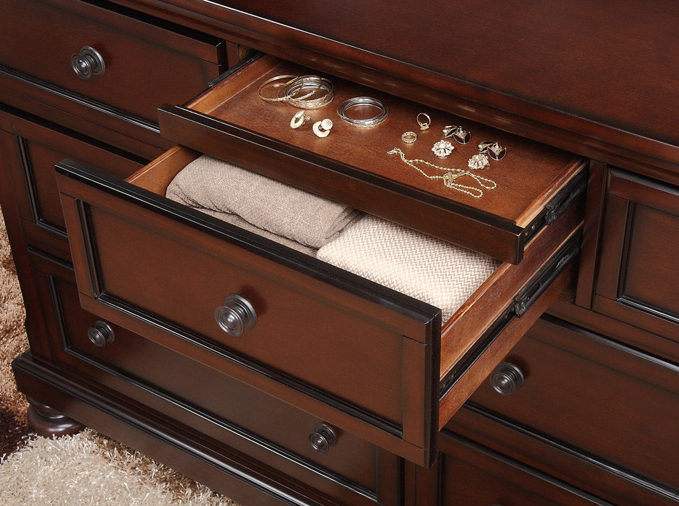 Classic Transitional Dresser of 7 Drawers Brown Cherry Finish Birch Veneer Hidden Drawer Bun Feet Bedroom Traditional Furniture