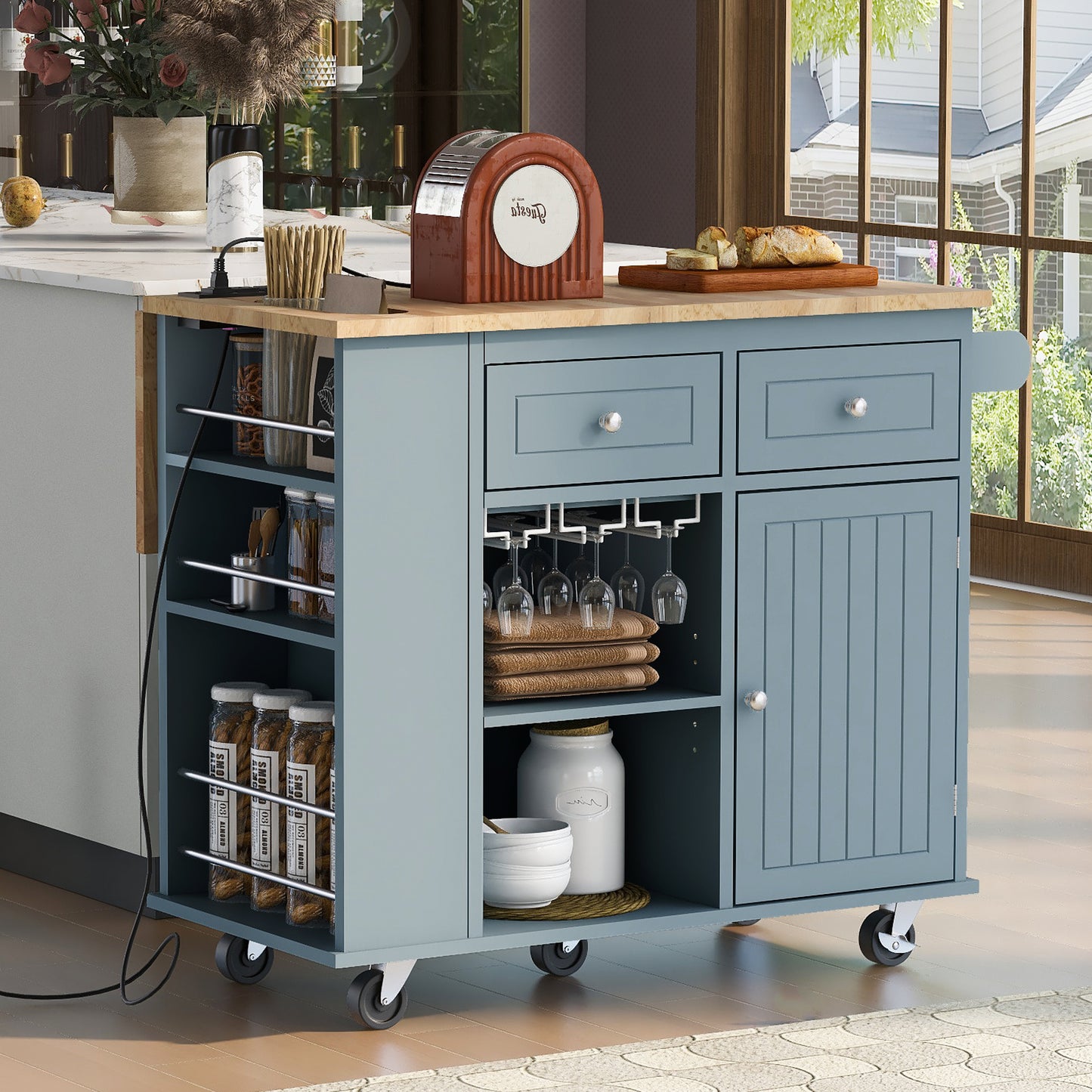 Kitchen Island with Power Outlet,Kitchen Storage Island with Drop Leaf and Rubber Wood,Open Storage and Wine Rack,5 Wheels,with Adjustable Storage for Home, Kitchen, and Dining Room, Grey Blue