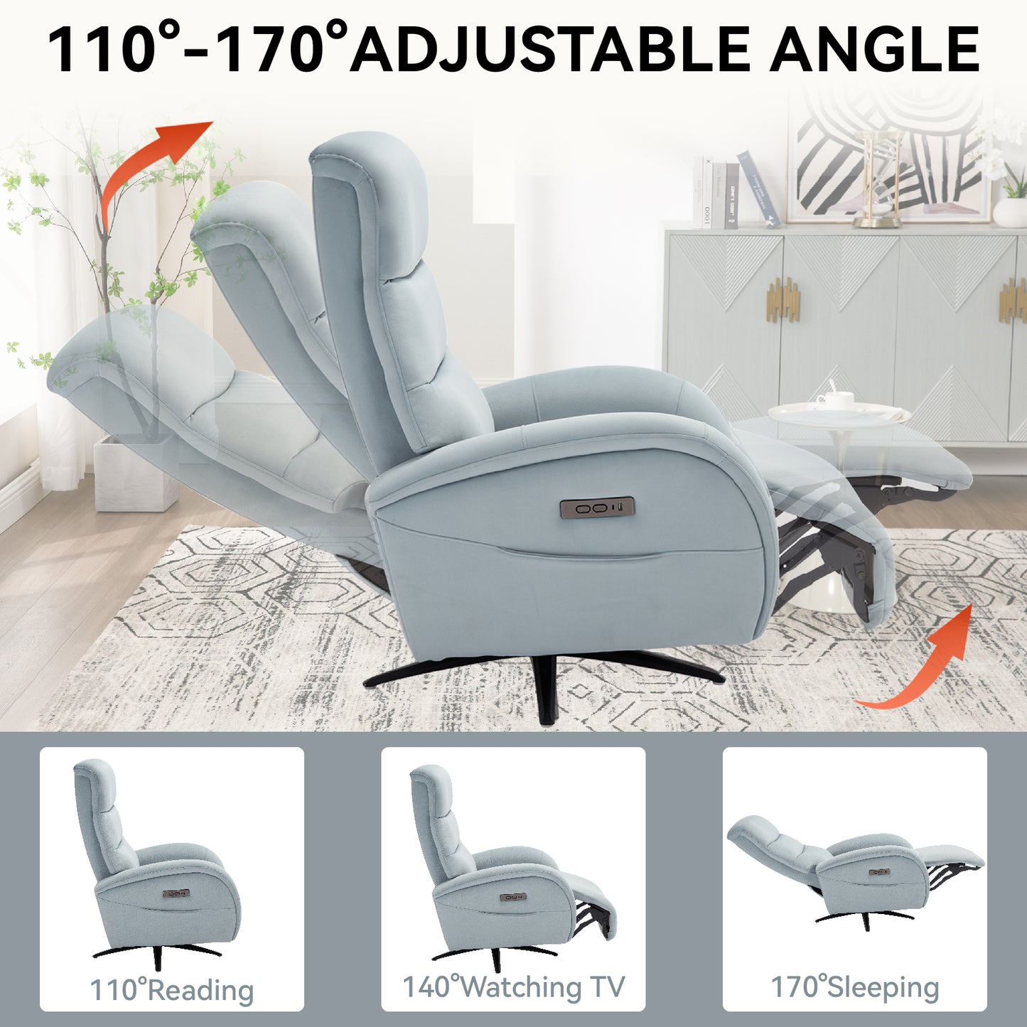 Blue Fabric Dual Motor 270° Swivel Power Recliner Chair With Heavy Duty Motion Mechanism, USB and Type-C Charging Ports.